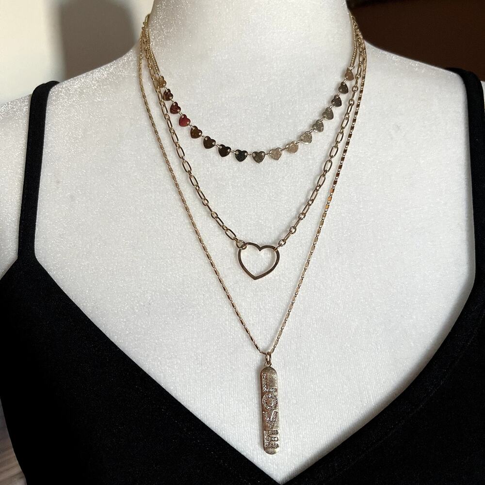 THREE CHAIN *LOVE THEMED* NECKLACE, FASHION JEWELRY, GOLD-BNWOT